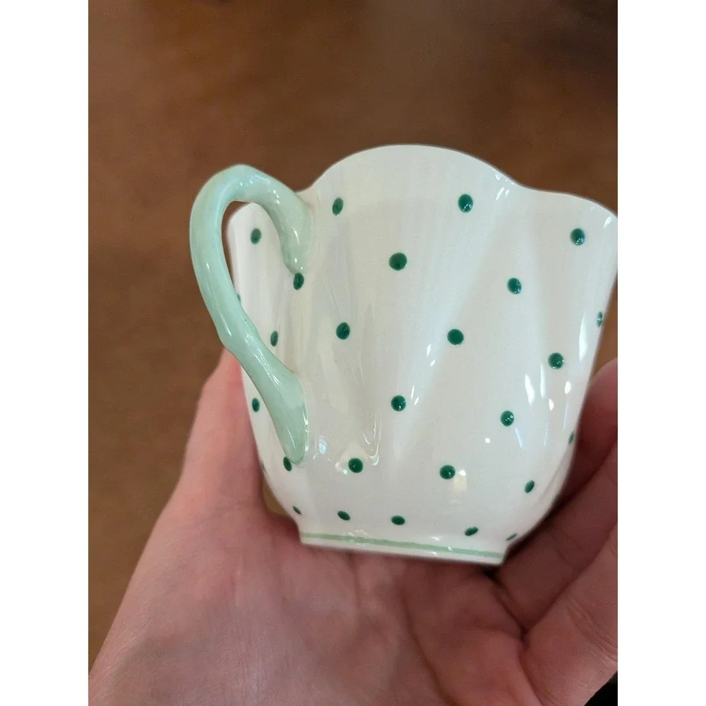 Shelley England Dainty Green Polka Dot Teacup and Saucer Fine Bone China 13748